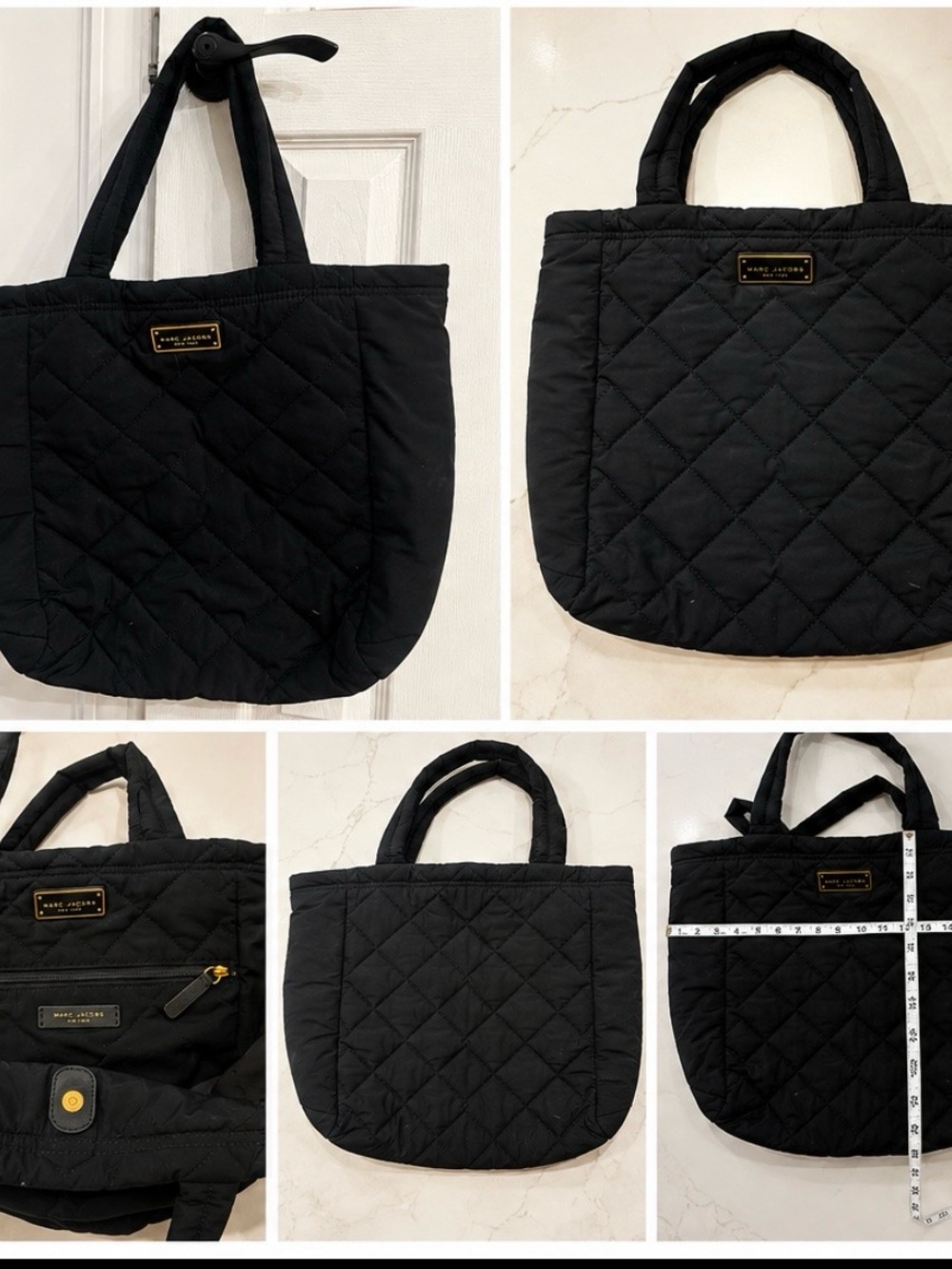 Marc Jacobs Black Quilted Nylon Large Tote Bag Gold Logo
